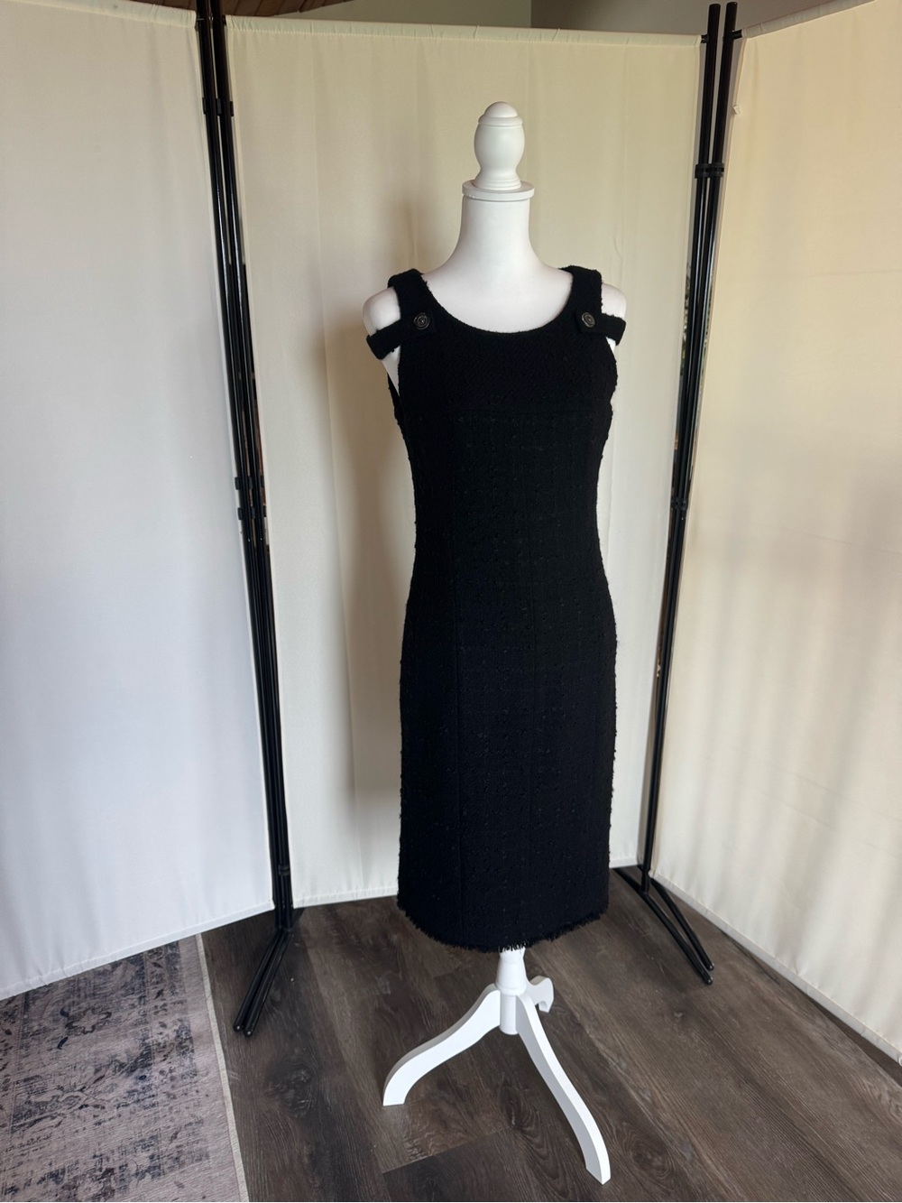 Authentic CHANEL Black Sleeveless Tweed Midi Dress